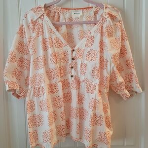Anthropologie Moglea White and Orange Puff Sleeve Blouse L